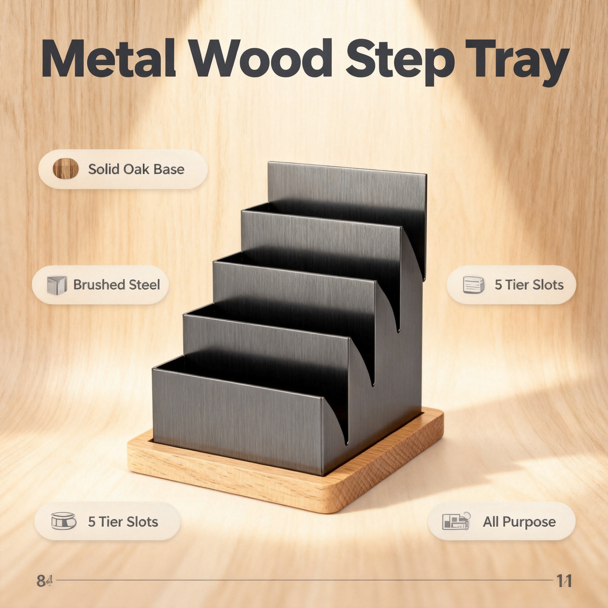 5-Tier Metal & Oak Desktop Step Organizer | Desk Caddy for Office, Bedroom & Living Room