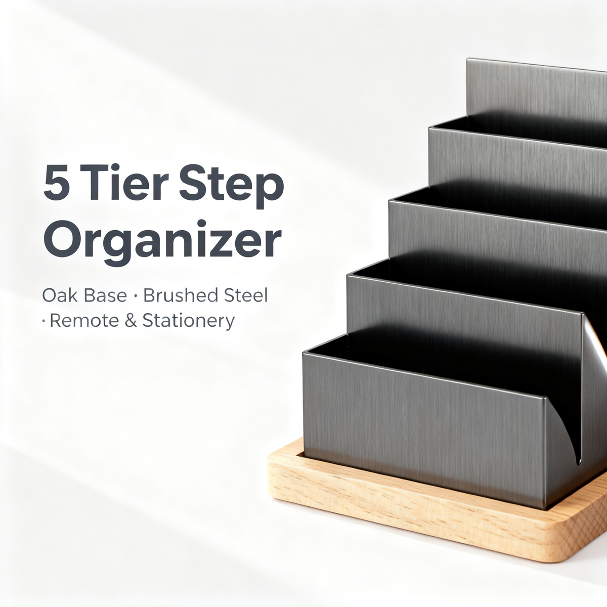5-Tier Metal & Oak Desktop Step Organizer | Desk Caddy for Office, Bedroom & Living Room