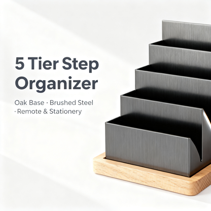 5-Tier Metal & Oak Desktop Step Organizer | Desk Caddy for Office, Bedroom & Living Room