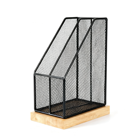🗂️ 3-Slot Iron Mesh & Oak File Sorter A See-Through Desktop Document Station That Keeps Your Papers, Magazines, And Albums Sorted, Visible, And Always Within Reach