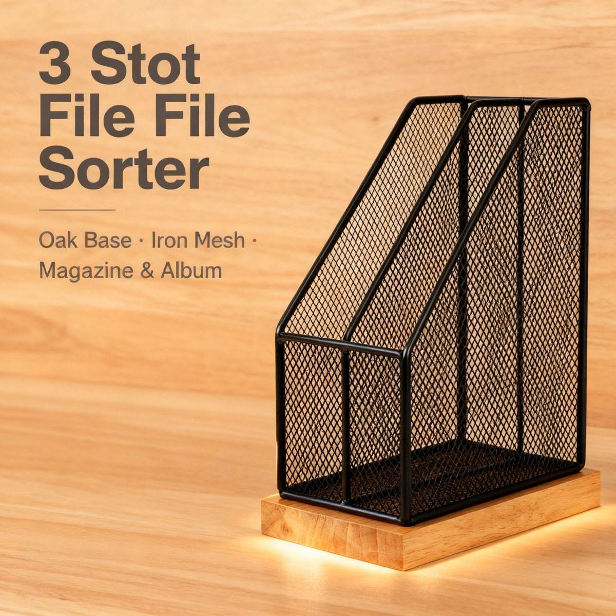 🗂️ 3-Slot Iron Mesh & Oak File Sorter A See-Through Desktop Document Station That Keeps Your Papers, Magazines, And Albums Sorted, Visible, And Always Within Reach