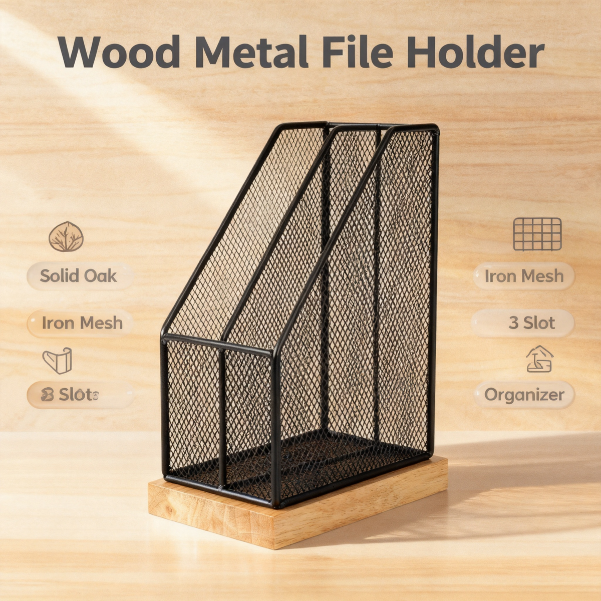 🗂️ 3-Slot Iron Mesh & Oak File Sorter A See-Through Desktop Document Station That Keeps Your Papers, Magazines, And Albums Sorted, Visible, And Always Within Reach