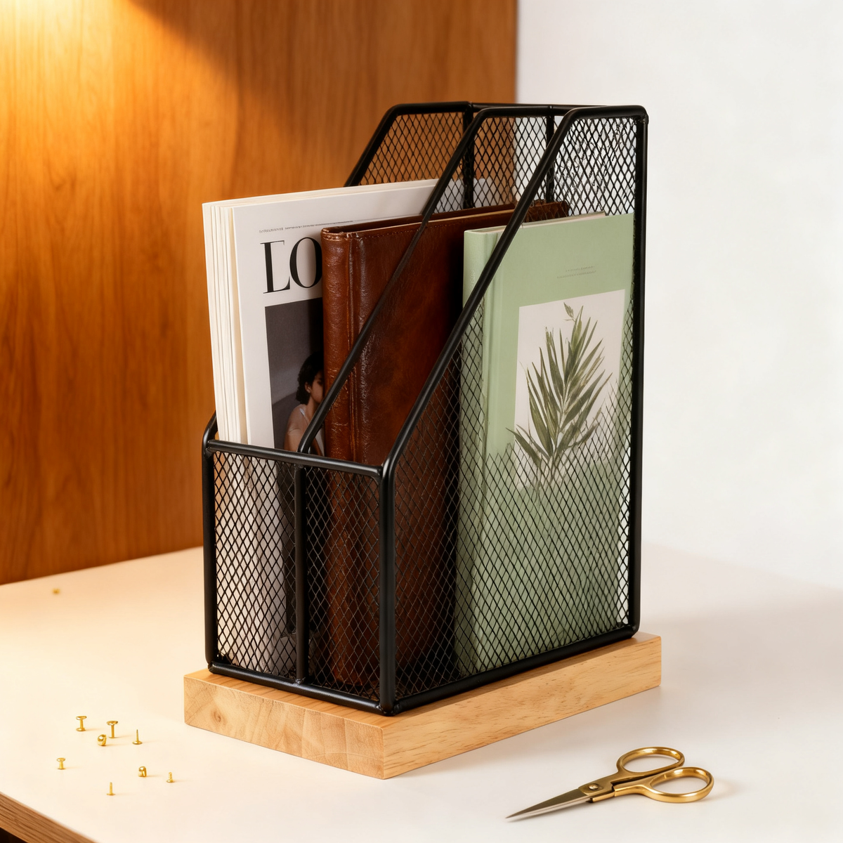 🗂️ 3-Slot Iron Mesh & Oak File Sorter A See-Through Desktop Document Station That Keeps Your Papers, Magazines, And Albums Sorted, Visible, And Always Within Reach
