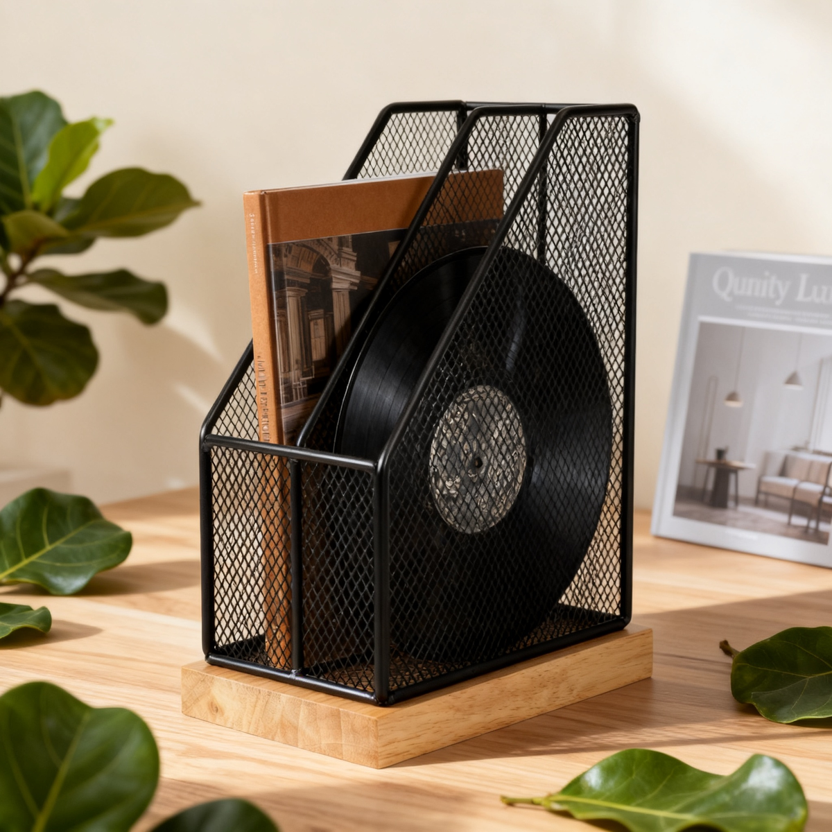 🗂️ 3-Slot Iron Mesh & Oak File Sorter A See-Through Desktop Document Station That Keeps Your Papers, Magazines, And Albums Sorted, Visible, And Always Within Reach