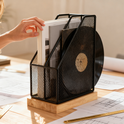 🗂️ 3-Slot Iron Mesh & Oak File Sorter A See-Through Desktop Document Station That Keeps Your Papers, Magazines, And Albums Sorted, Visible, And Always Within Reach
