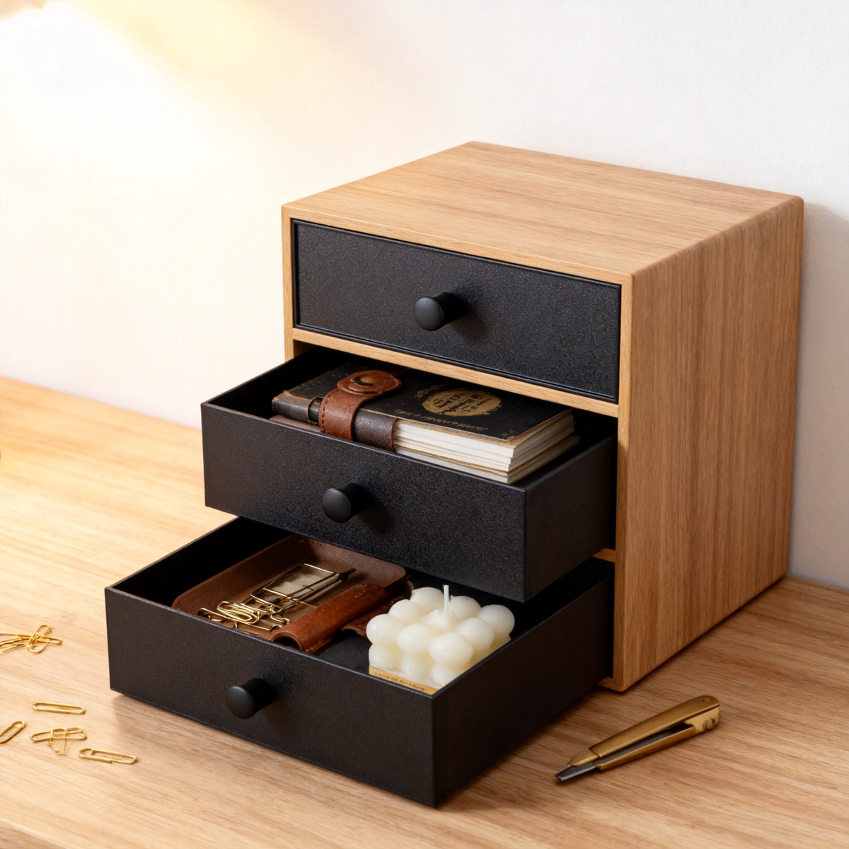 🗄️ Oak 3-Drawer Desktop Storage Cabinet A Compact Solid Wood Organizer With Three Deep Pull-Out Drawers That Hides Your Small Essentials And Keeps Your Desk Surface Beautifully Clear