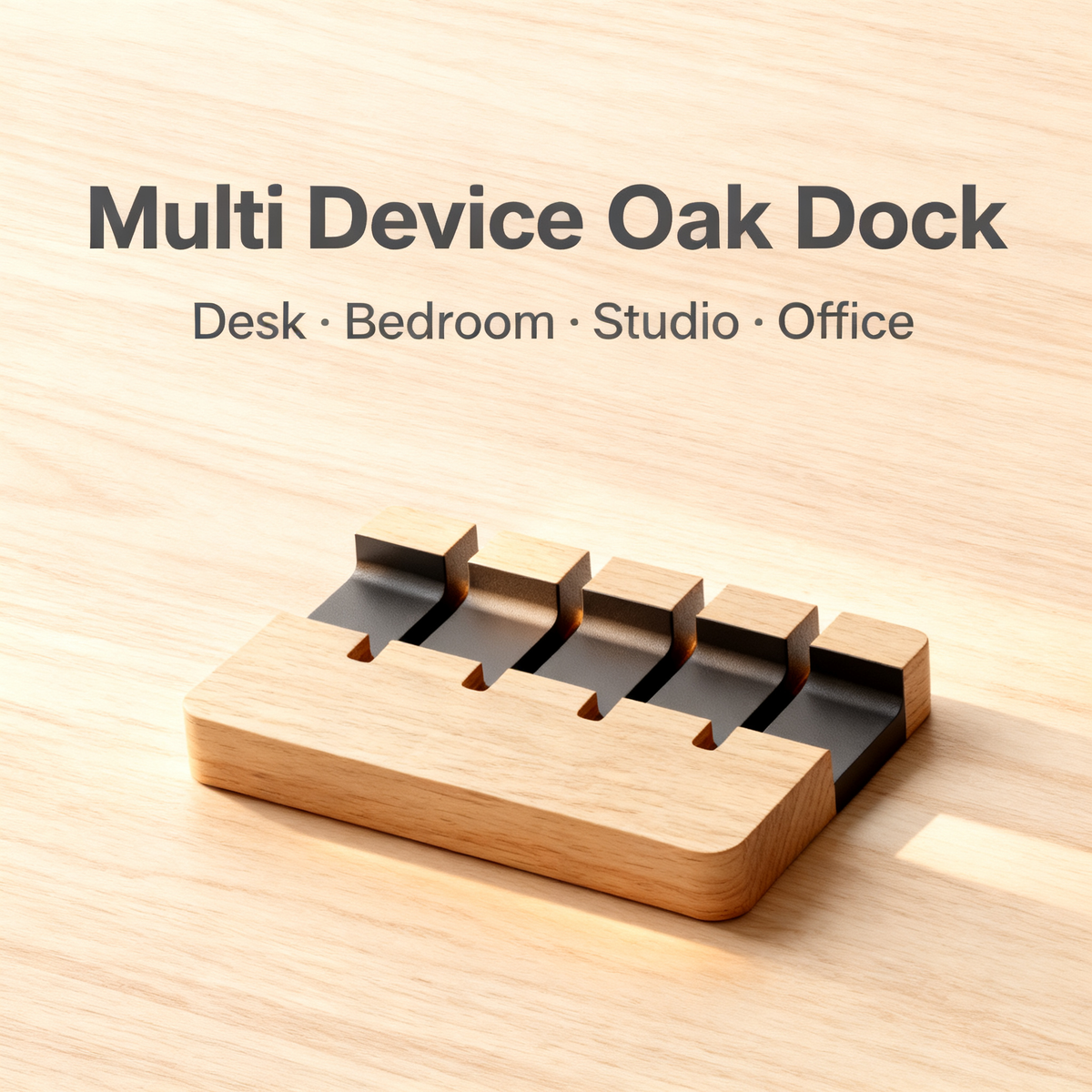 📱 Multi Device Oak Dock A Solid Oak Desktop Organizer With Five Adjustable Divider Slots That Gives Every Device, Notebook, And Daily Carry Item Its Own Dedicated Standing Space