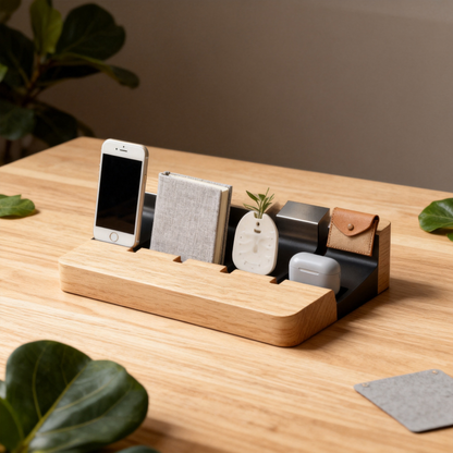 📱 Multi Device Oak Dock A Solid Oak Desktop Organizer With Five Adjustable Divider Slots That Gives Every Device, Notebook, And Daily Carry Item Its Own Dedicated Standing Space