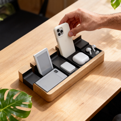 📱 Multi Device Oak Dock A Solid Oak Desktop Organizer With Five Adjustable Divider Slots That Gives Every Device, Notebook, And Daily Carry Item Its Own Dedicated Standing Space