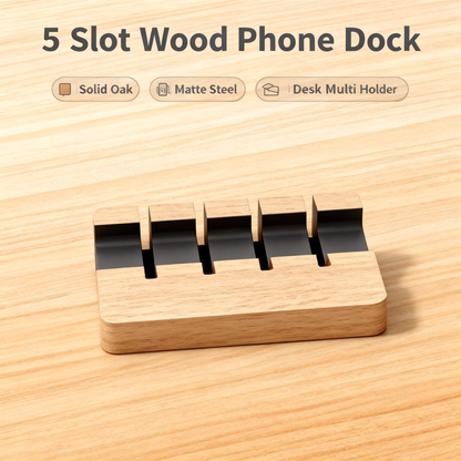 📱 Multi Device Oak Dock A Solid Oak Desktop Organizer With Five Adjustable Divider Slots That Gives Every Device, Notebook, And Daily Carry Item Its Own Dedicated Standing Space