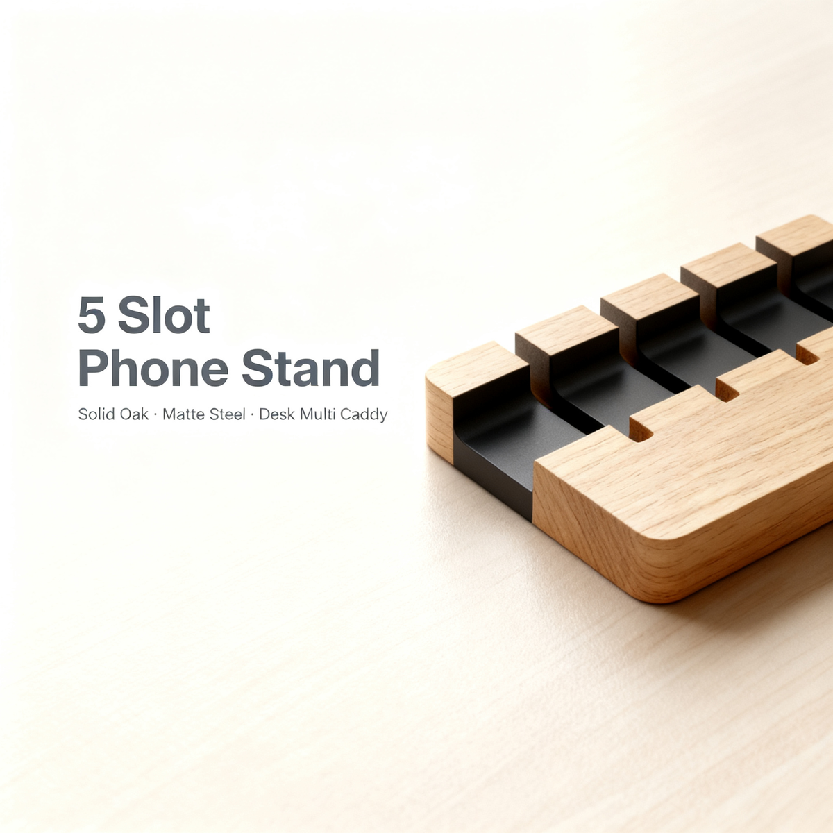 📱 Multi Device Oak Dock A Solid Oak Desktop Organizer With Five Adjustable Divider Slots That Gives Every Device, Notebook, And Daily Carry Item Its Own Dedicated Standing Space