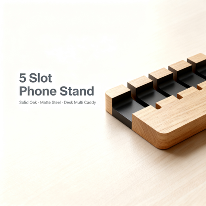 📱 Multi Device Oak Dock A Solid Oak Desktop Organizer With Five Adjustable Divider Slots That Gives Every Device, Notebook, And Daily Carry Item Its Own Dedicated Standing Space