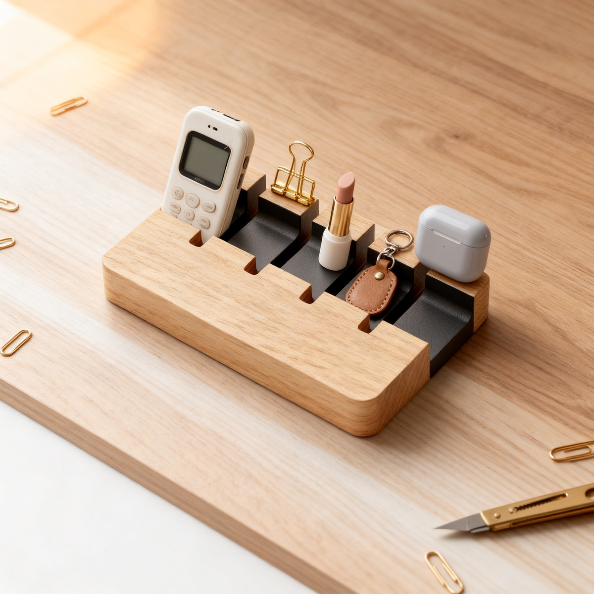 📱 Multi Device Oak Dock A Solid Oak Desktop Organizer With Five Adjustable Divider Slots That Gives Every Device, Notebook, And Daily Carry Item Its Own Dedicated Standing Space