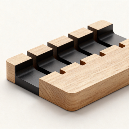 📱 Multi Device Oak Dock A Solid Oak Desktop Organizer With Five Adjustable Divider Slots That Gives Every Device, Notebook, And Daily Carry Item Its Own Dedicated Standing Space