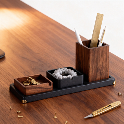 🪙 Walnut 3-in-1 Desk Caddy A Three-Piece Solid Walnut & Matte Steel Desktop Set With Brass Foot Pads That Unifies Your Pen Storage, Key Tray, And Small Accessory Dish Into One Refined Surface Collection