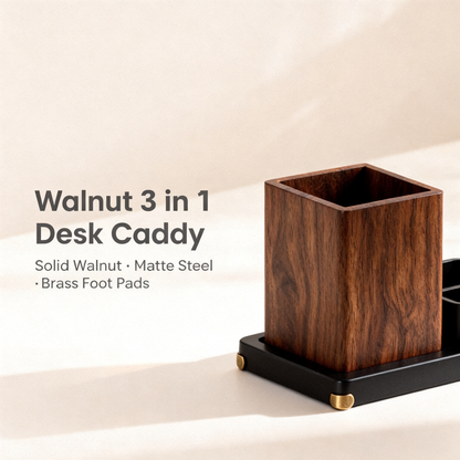 🪙 Walnut 3-in-1 Desk Caddy A Three-Piece Solid Walnut & Matte Steel Desktop Set With Brass Foot Pads That Unifies Your Pen Storage, Key Tray, And Small Accessory Dish Into One Refined Surface Collection