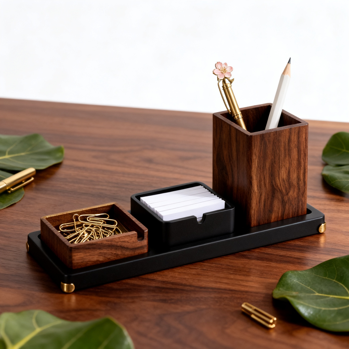 🪙 Walnut 3-in-1 Desk Caddy A Three-Piece Solid Walnut & Matte Steel Desktop Set With Brass Foot Pads That Unifies Your Pen Storage, Key Tray, And Small Accessory Dish Into One Refined Surface Collection