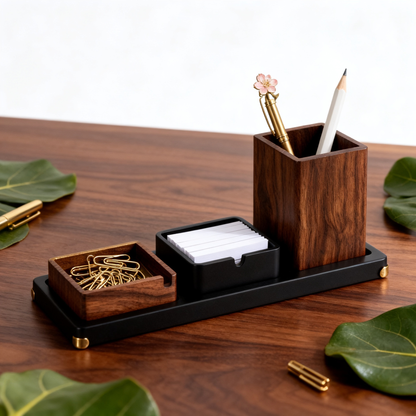 🪙 Walnut 3-in-1 Desk Caddy A Three-Piece Solid Walnut & Matte Steel Desktop Set With Brass Foot Pads That Unifies Your Pen Storage, Key Tray, And Small Accessory Dish Into One Refined Surface Collection