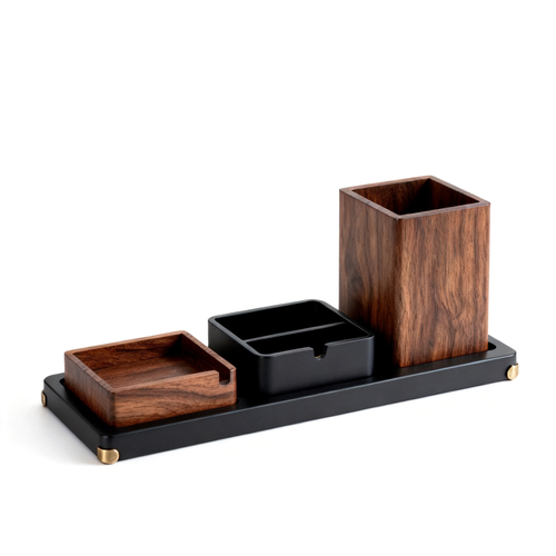 🪙 Walnut 3-in-1 Desk Caddy A Three-Piece Solid Walnut & Matte Steel Desktop Set With Brass Foot Pads That Unifies Your Pen Storage, Key Tray, And Small Accessory Dish Into One Refined Surface Collection