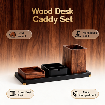 🪙 Walnut 3-in-1 Desk Caddy A Three-Piece Solid Walnut & Matte Steel Desktop Set With Brass Foot Pads That Unifies Your Pen Storage, Key Tray, And Small Accessory Dish Into One Refined Surface Collection